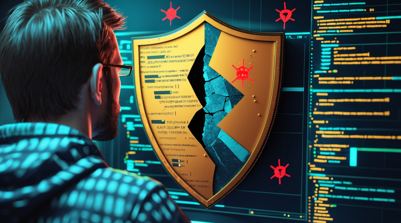 Разработчик смотрит на экран с кодом, на котором показаны уязвимости. Инфографика о принципах безопасной разработки.